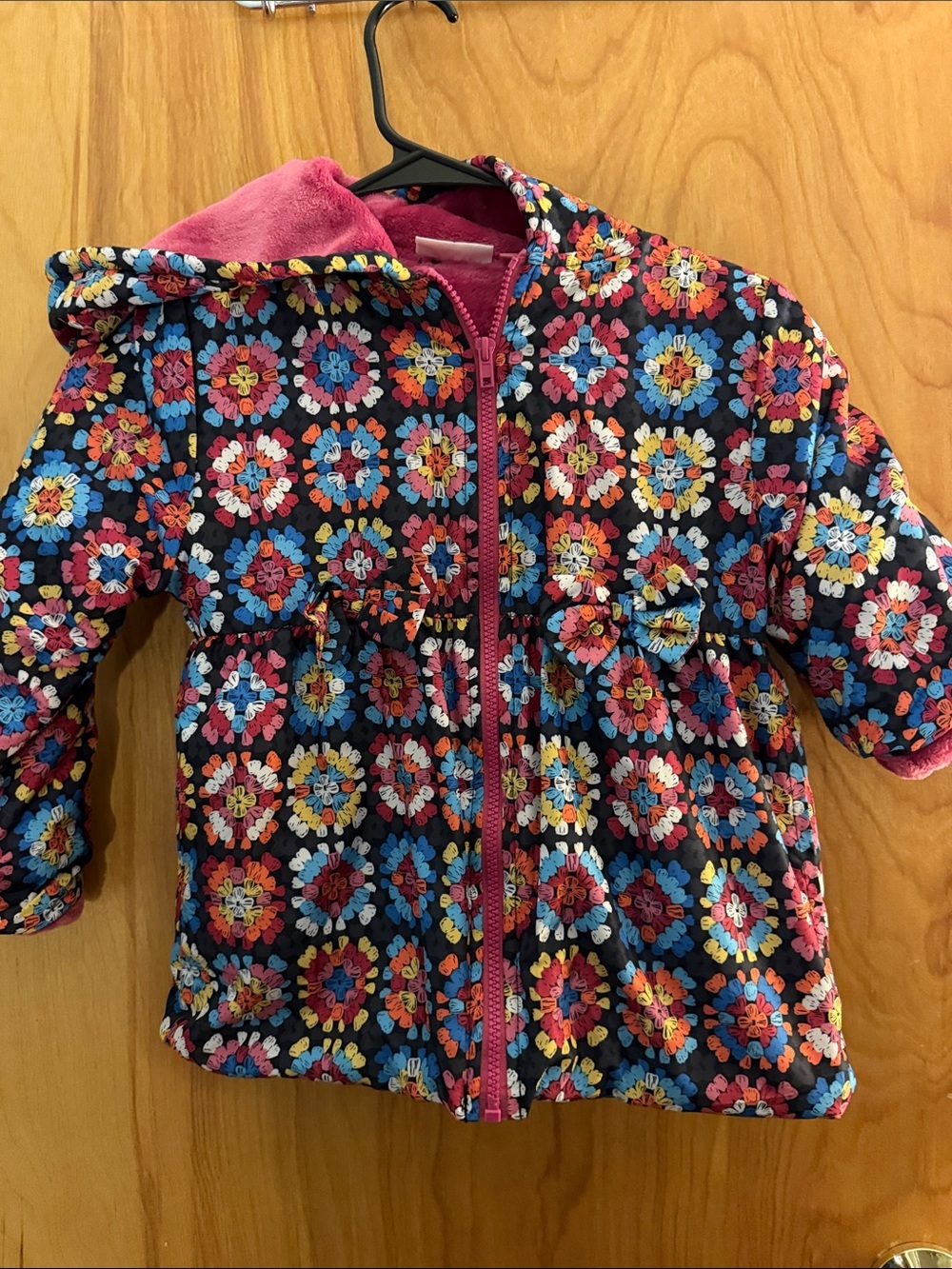 Penelope Mack Floral Quilted Hooded Jacket in Black with Pink Lining